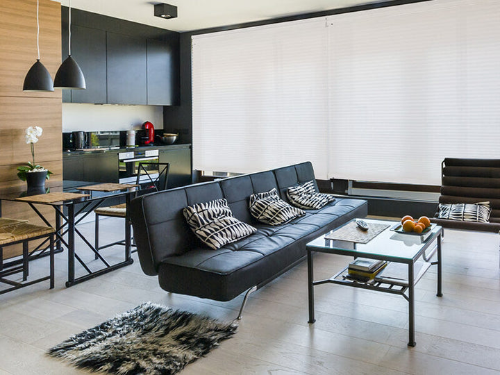 White honeycomb blind in kitchen and living room
