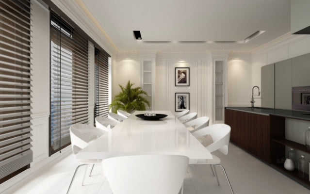 Venetian blinds in dining room and kitchen