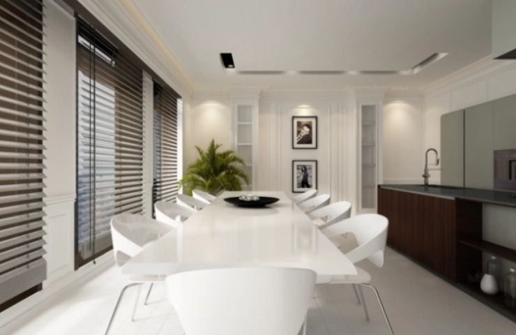 Venetian blinds in dining room and kitchen