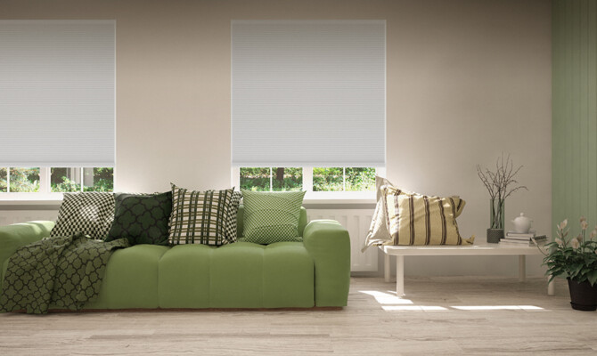 Honeycomb Blockout blinds in living room with green themed decor
