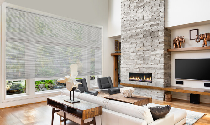 Honeycomb Sheer blinds in large living room with fireplace and entertainment area