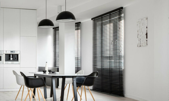 Venetian Wood blinds modern kitchen space