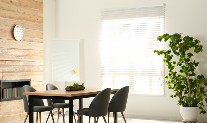 Venetian Faux wood blind in front of dinning room