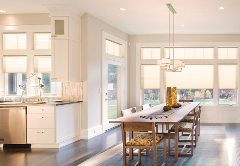 Honeycomb Light filter blinds in bright kitchen and dinning area