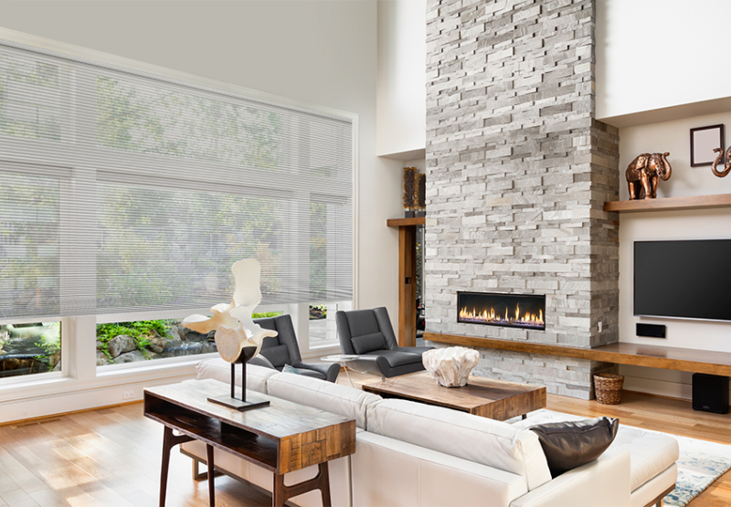 Honeycomb Sheer blinds in large living room with fireplace and entertainment area