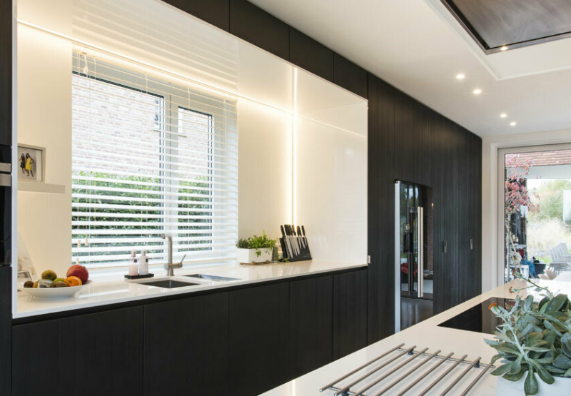 Venetian Wood blinds in modern kitchen space